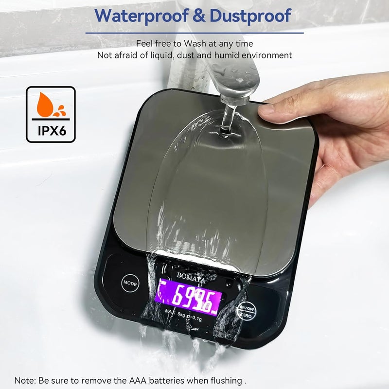 BOMATA Waterproof Kitchen Scale, 0.1g/0.01oz High Precision, 5kg/11lb, Washable, USB Rechargeable, Digital Scale for Food,Cooking, Baking, Weight Loss, Black&Grey - Image 3